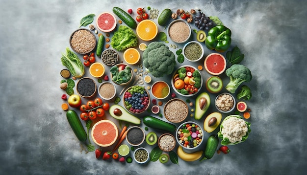 Circular arrangement of assorted fruits and vegetables
