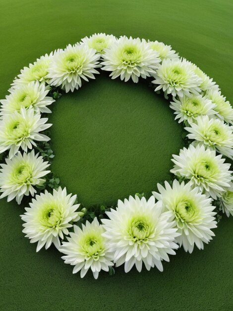 A circular arrangement of green chrysanthemums against a lush grass background