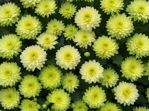 A circular arrangement of green chrysanthemums against a lush grass background