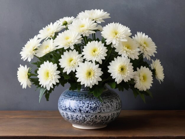 A circular arrangement of white chrysanthemums in a vintage vase