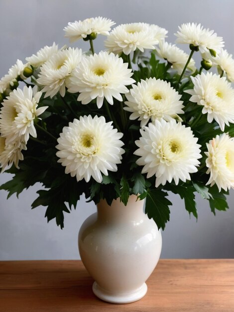 A circular arrangement of white chrysanthemums in a vintage vase