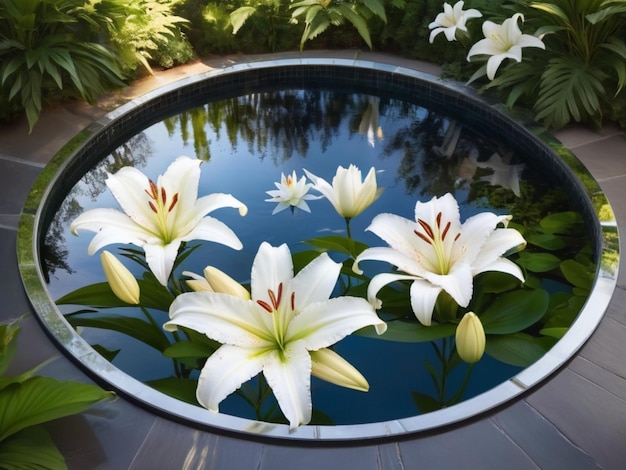 A circular arrangement of white lilies surrounding a reflective pool