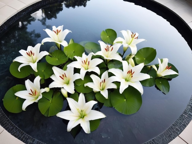 A circular arrangement of white lilies surrounding a reflective pool