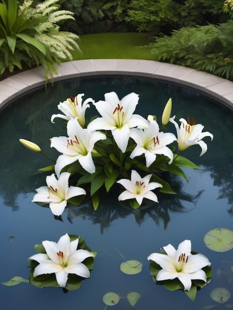 A circular arrangement of white lilies surrounding a reflective pool