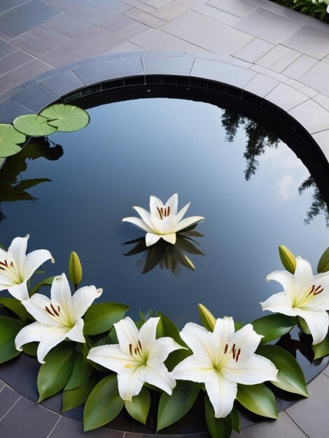 A circular arrangement of white lilies surrounding a reflective pool