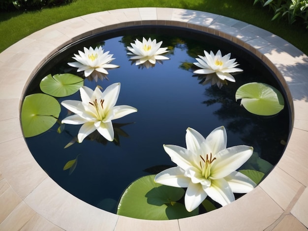 A circular arrangement of white lilies surrounding a reflective pool