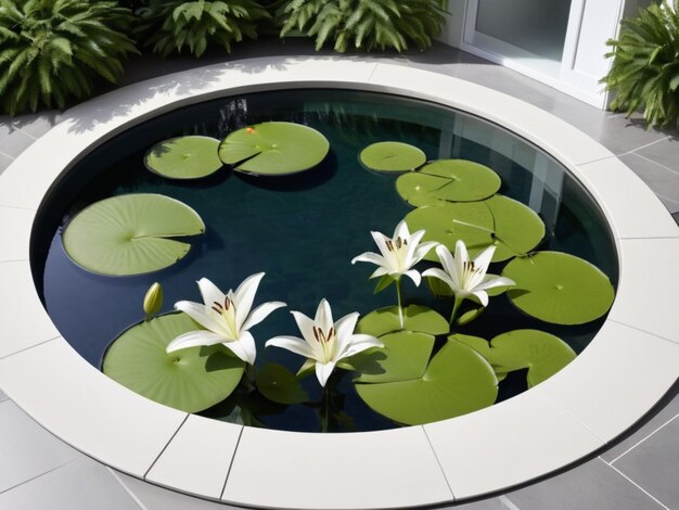 A circular arrangement of white lilies surrounding a reflective pool