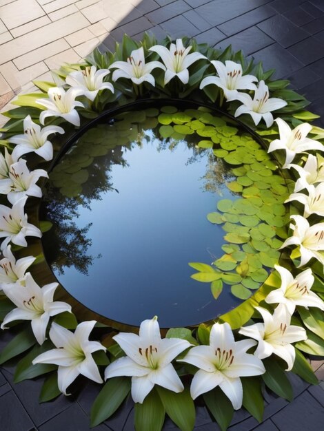 A circular arrangement of white lilies surrounding a reflective pool