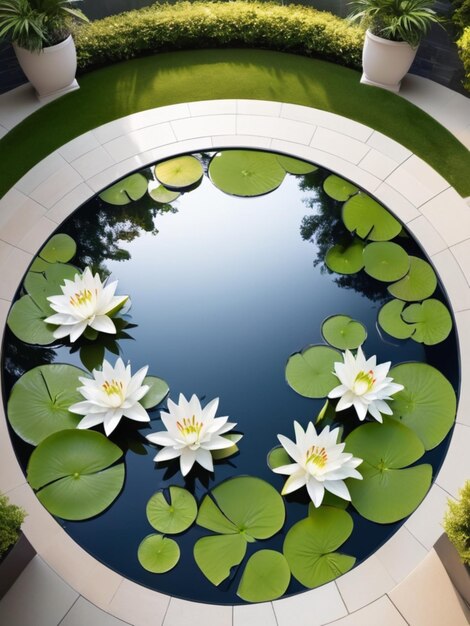 A circular arrangement of white lilies surrounding a reflective pool