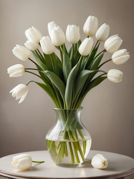 A circular arrangement of white tulips in a vintage vase