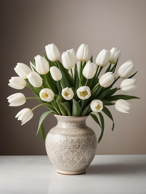 A circular arrangement of white tulips in a vintage vase