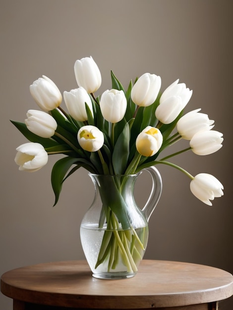 A circular arrangement of white tulips in a vintage vase