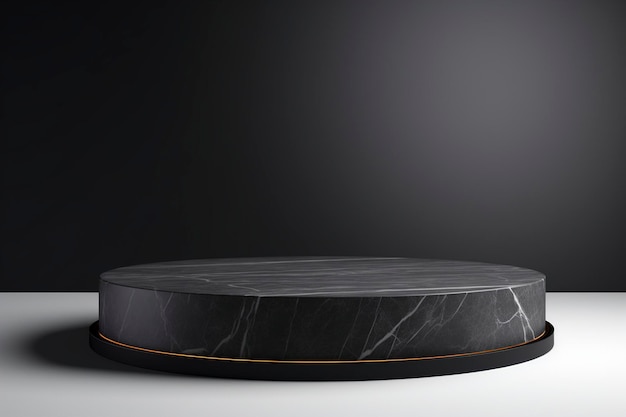 A circular black product podium on a white floor