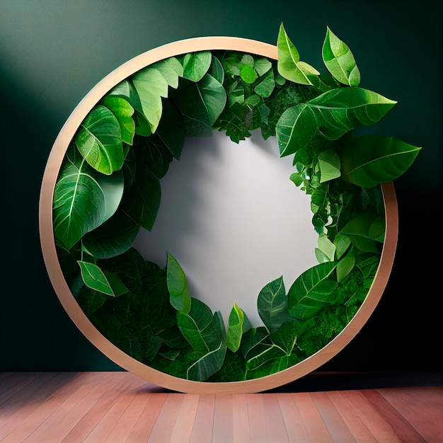 Circular Bulletin Board, Green Leaf Frame, Wooden Floor