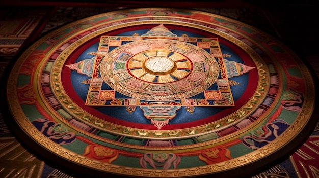 A circular ceiling with a colorful circle with the word buddha on it.