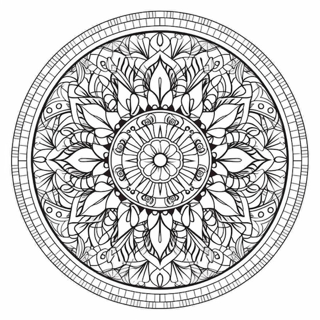 A circular coloring page with a flower design in black and white generative ai