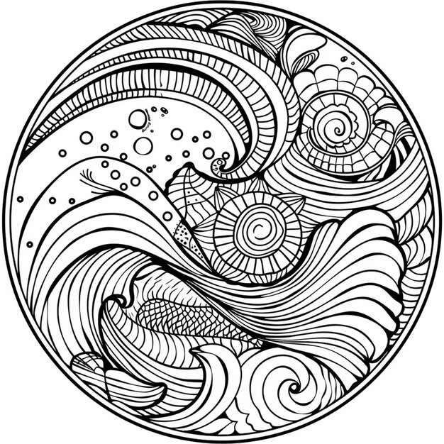 a circular drawing of a wave and a fish in a circle generative ai