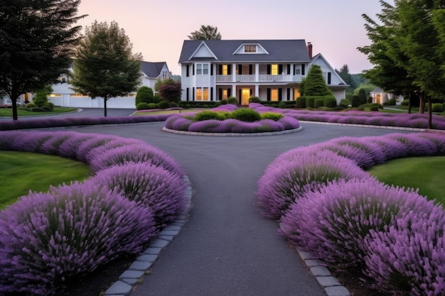 Circular driveway with lush rows of lavender on either side