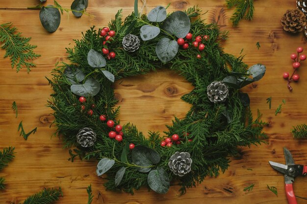 Circular evergreen Christmas wreath DIY winter home decor idea