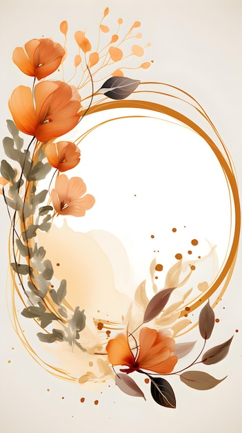 a circular frame with orange flowers on a white background Abstract Tan color foliage background