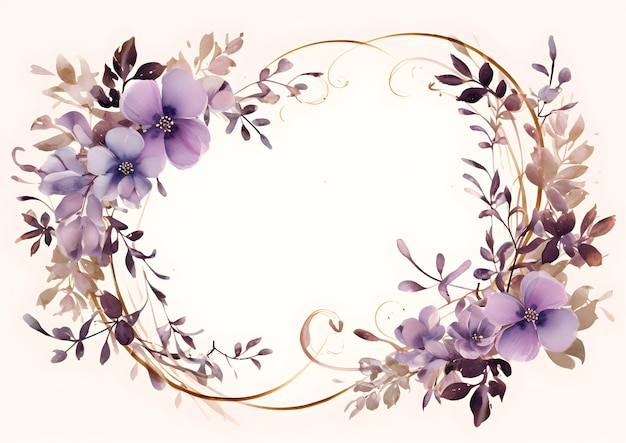 a circular frame with purple flowers on a white background Abstract Violet foliage background with
