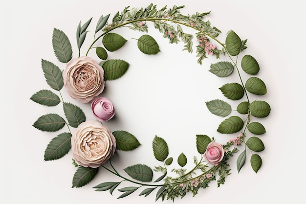 Photo a circular frame wreath pattern with roses pink buds bra illustration ai generative