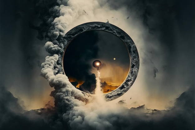 Circular gate with smoke exploding outwards digital painting artwork
