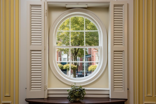 Circular georgian window framed with dentil molding