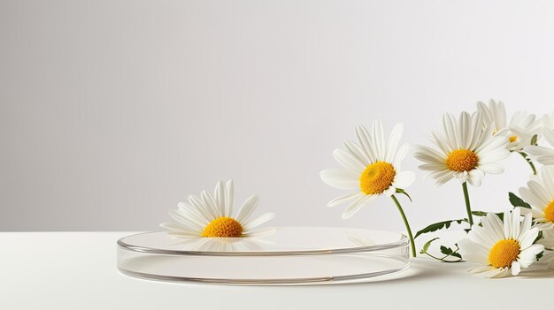 Circular glass podiums on a white background Cosmetic made from chamomile copy space available Mockup image