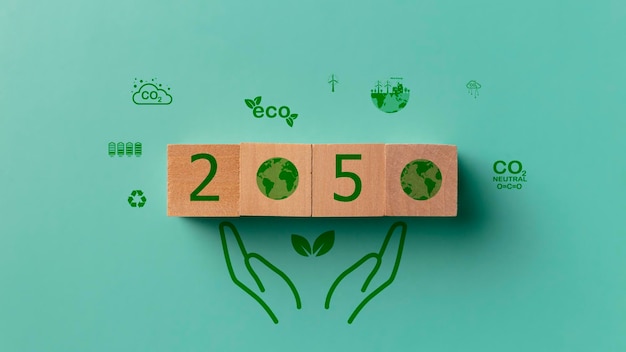 循環型グリーンエコノミーのコンセプト2050とCO2削減のアイコンが緑色の背景でCO2排出の炭素フットプリントと炭素クレジットを減らし,気候変動による地球温暖化を制限します