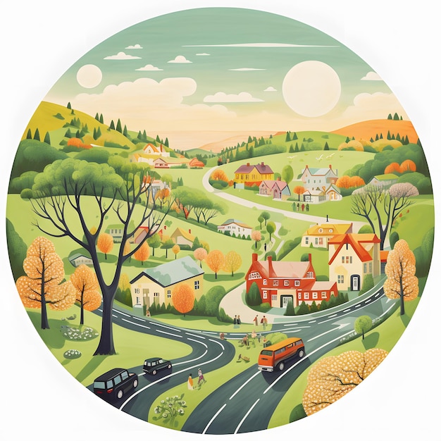 Circular illustration town road scenery