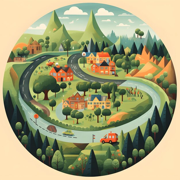 Circular illustration town road scenery