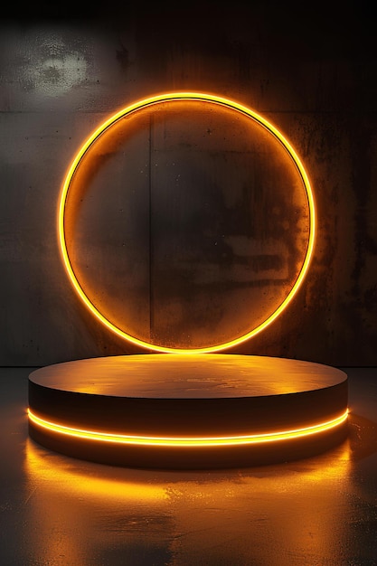 A circular light up sculpture on a table with a mirror in the background and a light up circle on