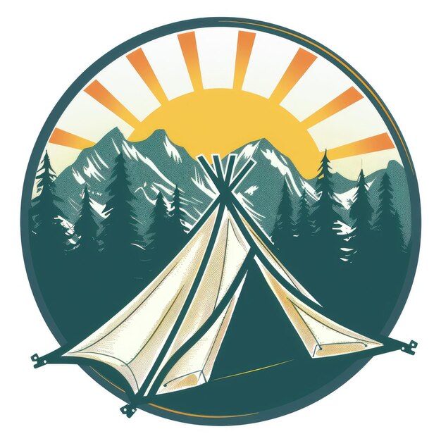 Circular logo with tent and mountains Camping and staying in nature