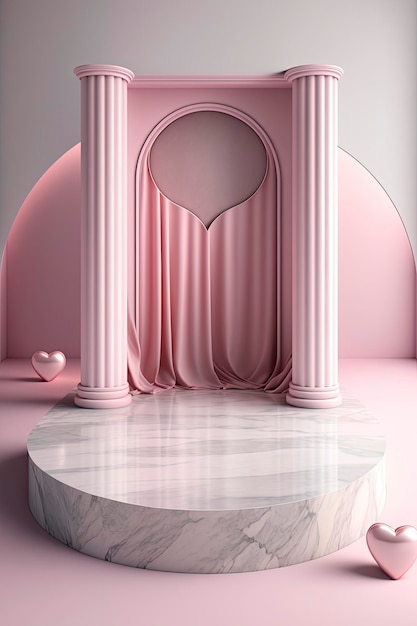 Circular marble pedestal with pink background Generative AI