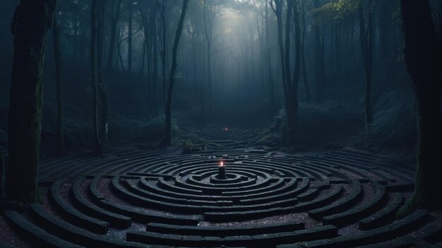 A circular maze in the middle of a forest generative ai image