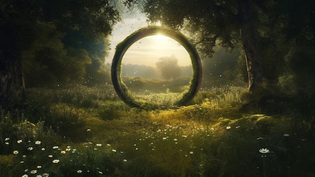 Circular opening in forest resembling lunar portal