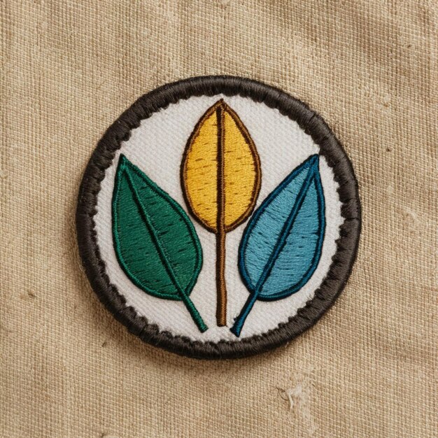 a circular patch with 3 overlapping leaf patterns each separated by metallic silver stitching design