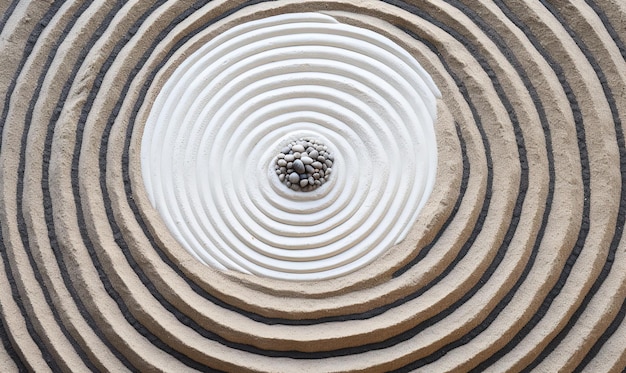 Photo circular pattern on white sand around smooth stones top view