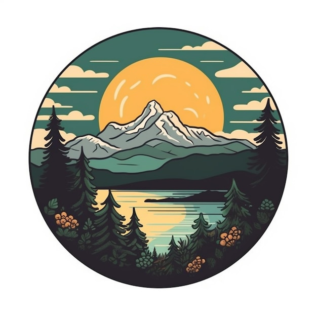 A circular picture of a mountain with trees and a lake generative ai