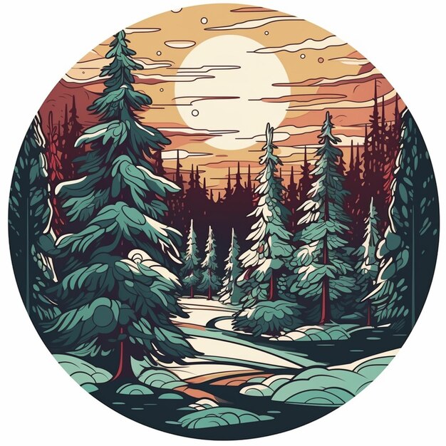 a circular picture of a snowy forest with a river in the middle generative ai