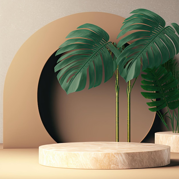 A circular planter with a large leaf on it