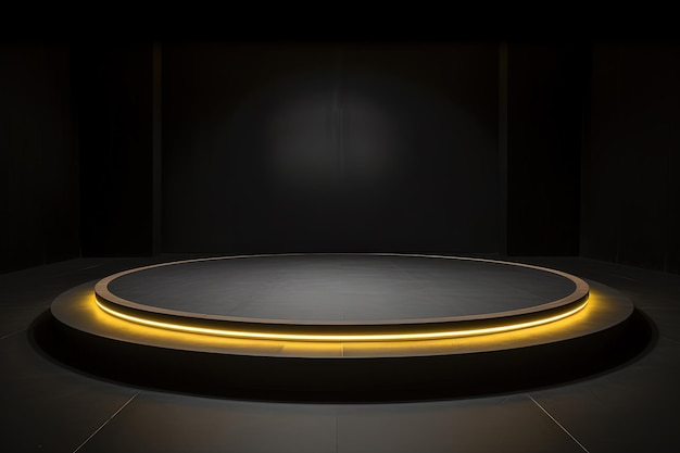 暗い背景に金色のネオンライトを持つ円形のプラットフォームの表彰台