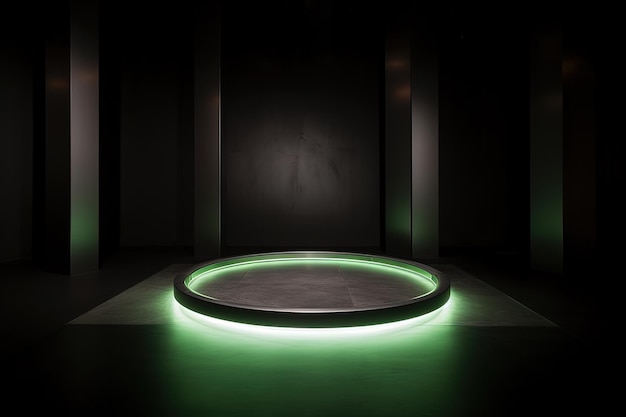 a circular platform podium with green neon light on dark background