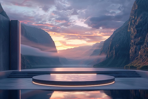 Photo a circular platform on the surface of a valley lake