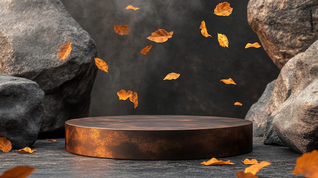 a circular platform surrounded by rocks with autumn leaves floating in the air at dusk