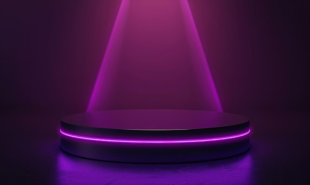 a circular podium illuminated by purple light in a dark setting creating a vibrant atmosphere for presentations or displays