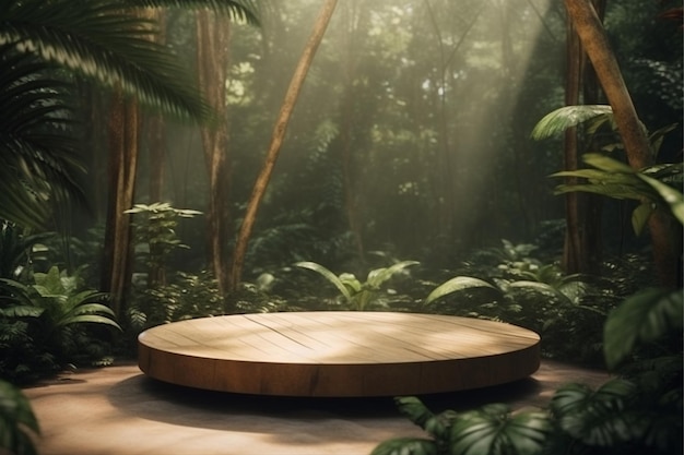 A circular podium in the jungle with the sun shining through the trees