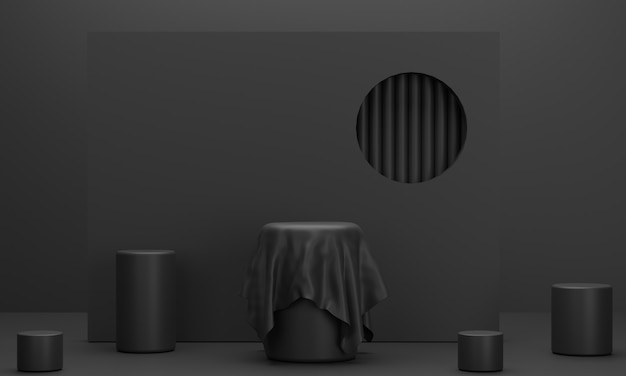 Circular podium with veil in black  tones for displaying business products in a gloomy atmosphere