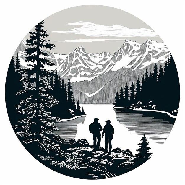 a circular pop art logo of an alpine lake black and white